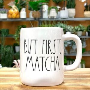 NWT Rae Dunn White/Black Letters BUT FIRST MATCHA  Mug Unique & Rare New w Tags